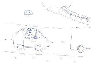 Szybko jadący samochód musi wyhamować, bo przed nim duży korek