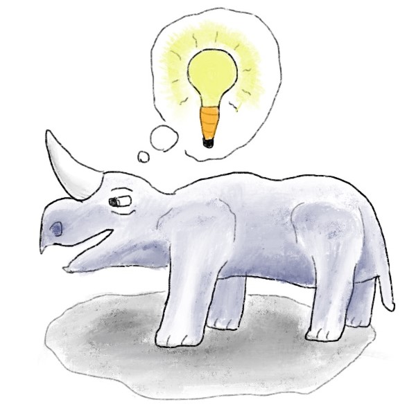 nosorożec, któremu nad głową zaświeciła się żarówka pomysłu